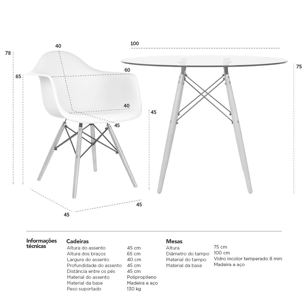 Mesa redonda Eames com tampo de vidro 100 cm + 4 cadeiras Eiffel DAW Azul céu
