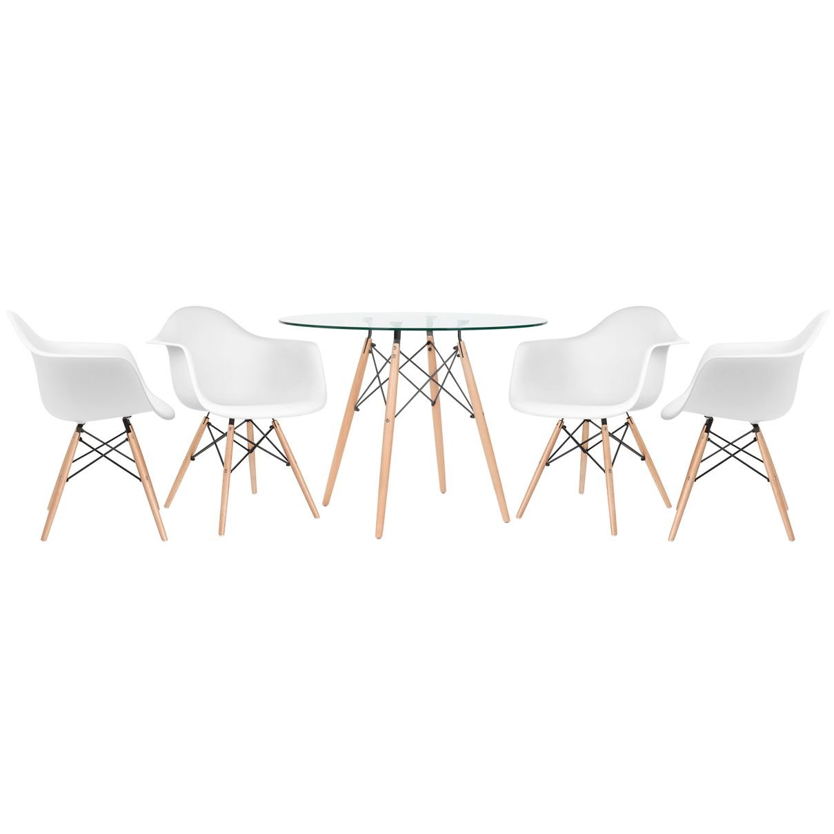 Mesa redonda Eames com tampo de vidro 100 cm + 4 cadeiras Eiffel DAW Branco