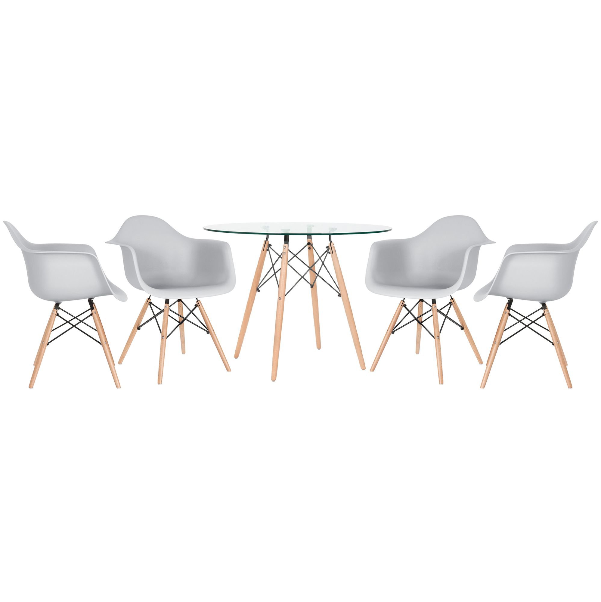 Mesa redonda Eames com tampo de vidro 100 cm + 4 cadeiras Eiffel DAW Cinza Claro