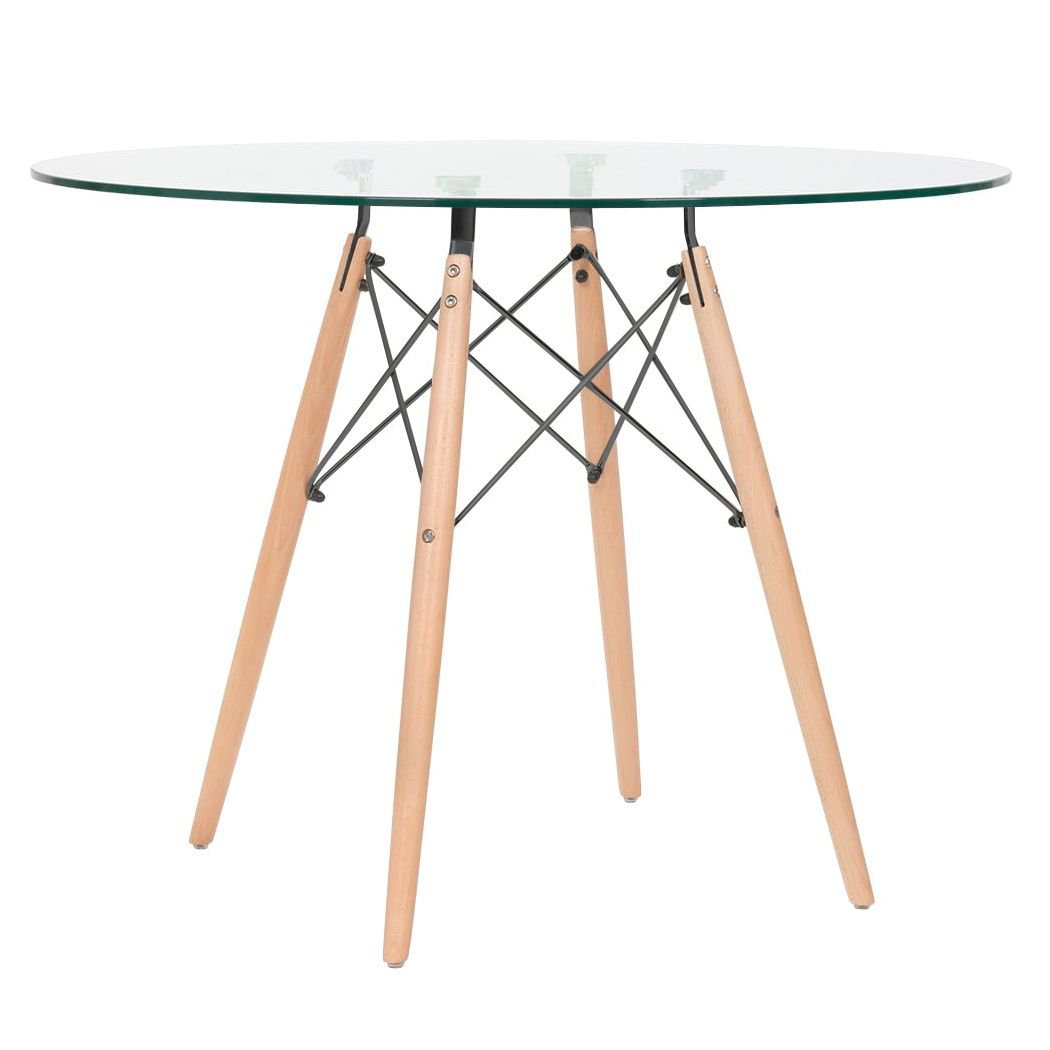 Mesa redonda Eames com tampo de vidro 100 cm + 4 cadeiras Eiffel DAW Nude