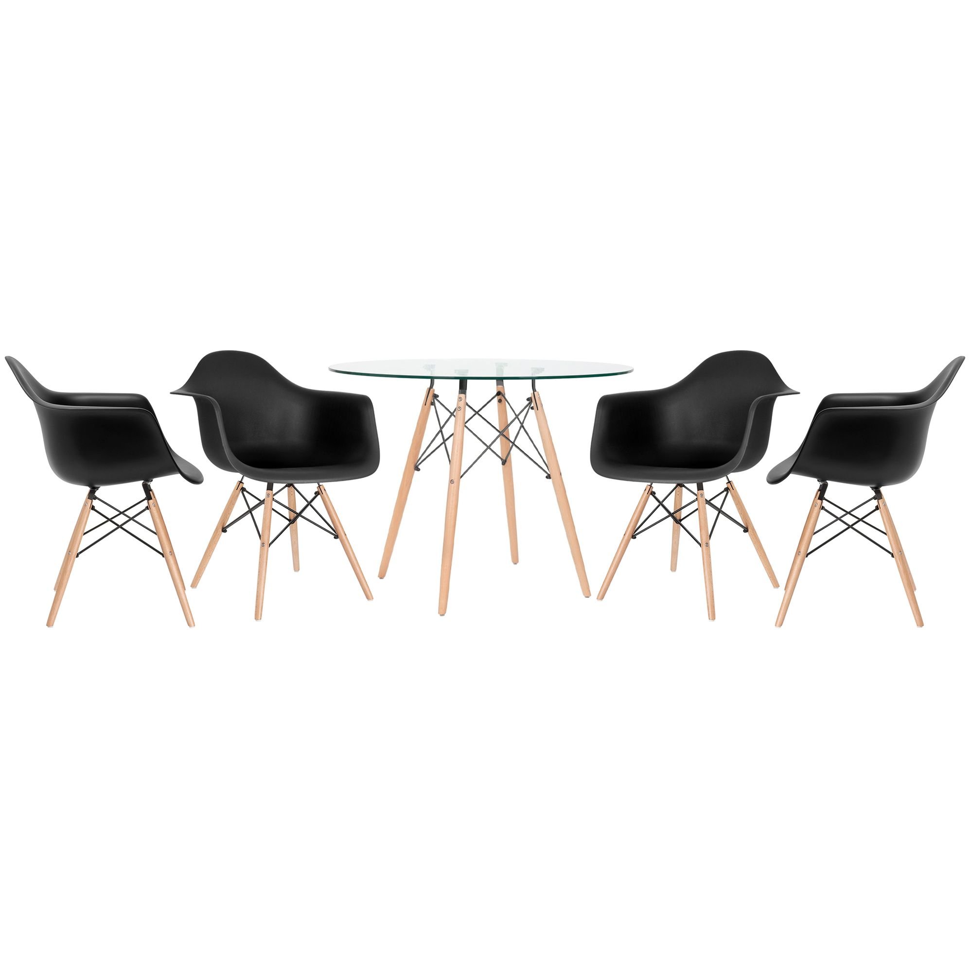 Mesa redonda Eames com tampo de vidro 100 cm + 4 cadeiras Eiffel DAW Preto