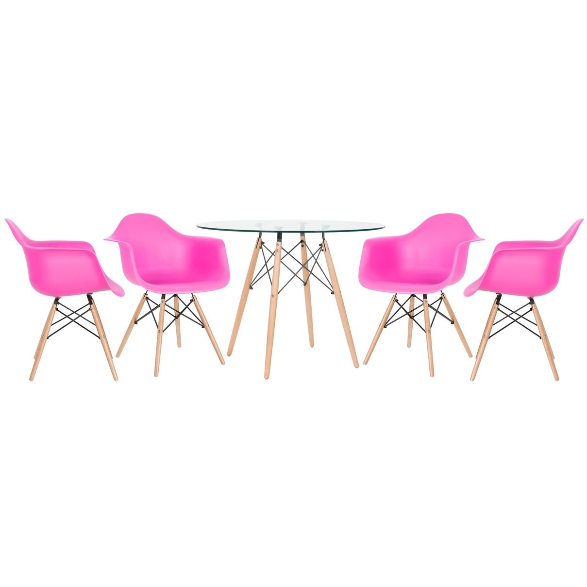 Mesa redonda Eames com tampo de vidro 100 cm + 4 cadeiras Eiffel DAW Rosa pink