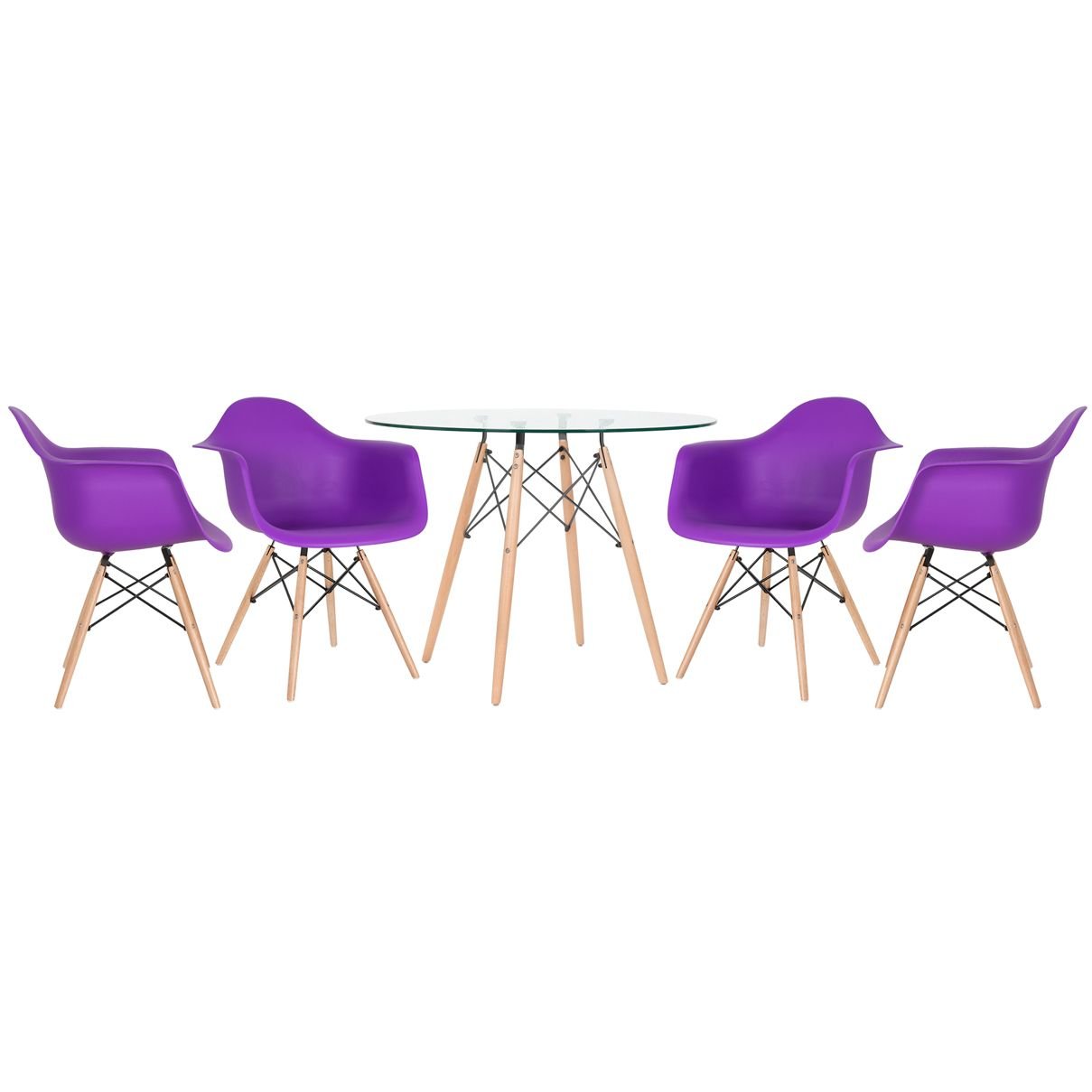 Mesa redonda Eames com tampo de vidro 100 cm + 4 cadeiras Eiffel DAW Roxo