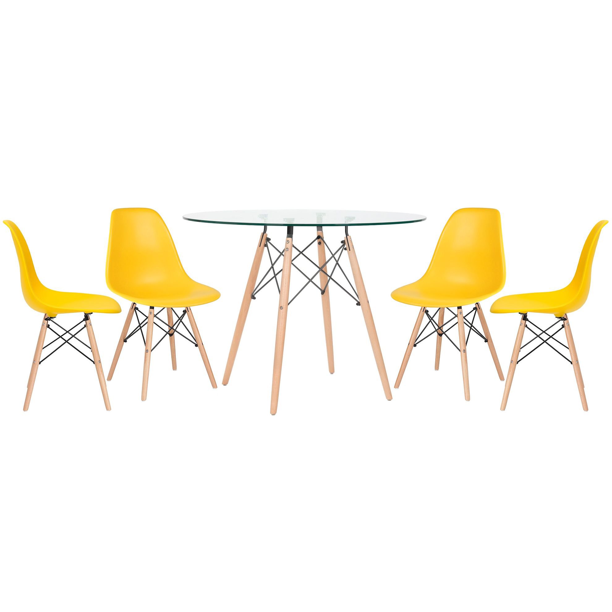 Mesa redonda Eames com tampo de vidro 100 cm + 4 cadeiras Eiffel DSW Amarelo