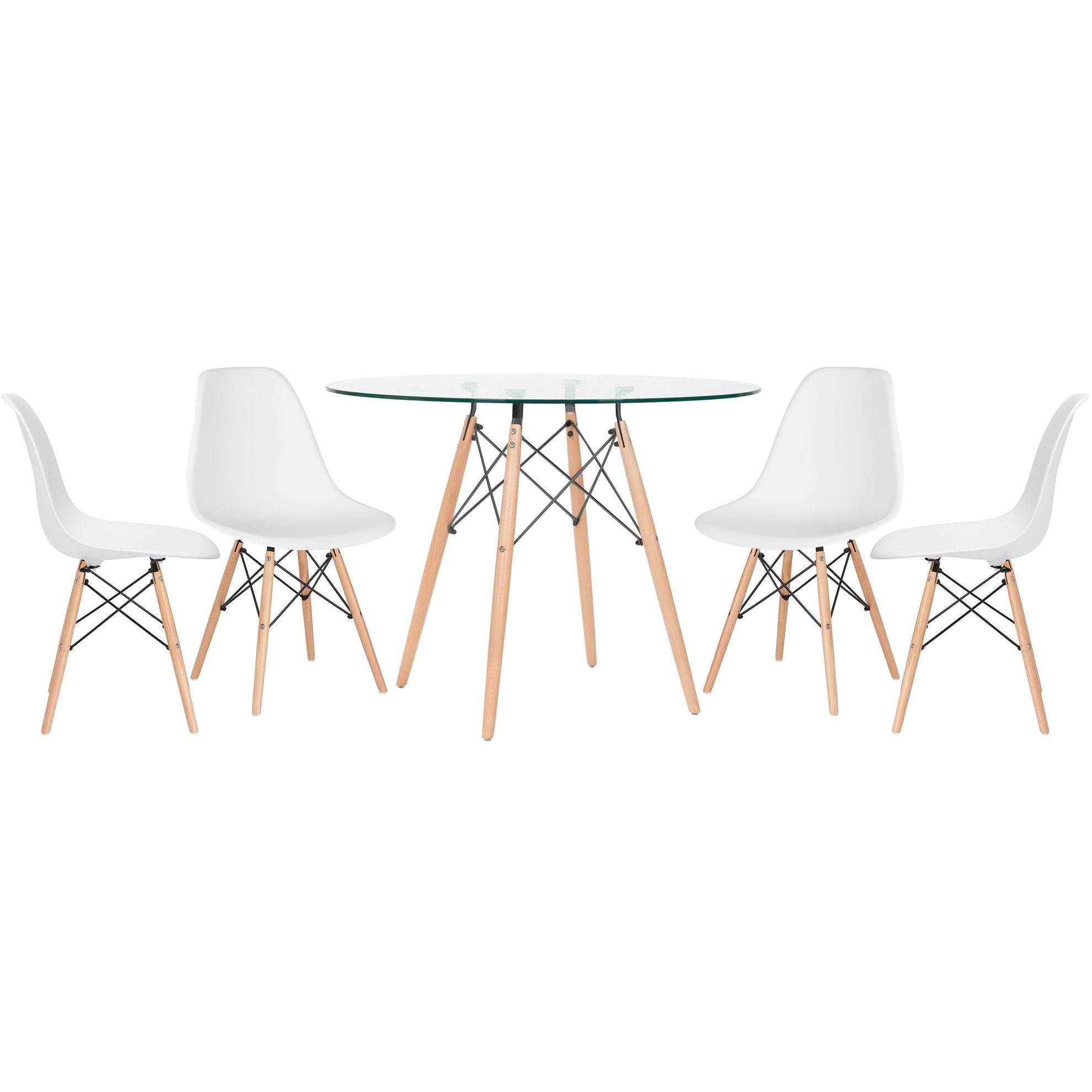 Mesa redonda Eames com tampo de vidro 100 cm + 4 cadeiras Eiffel DSW Branco
