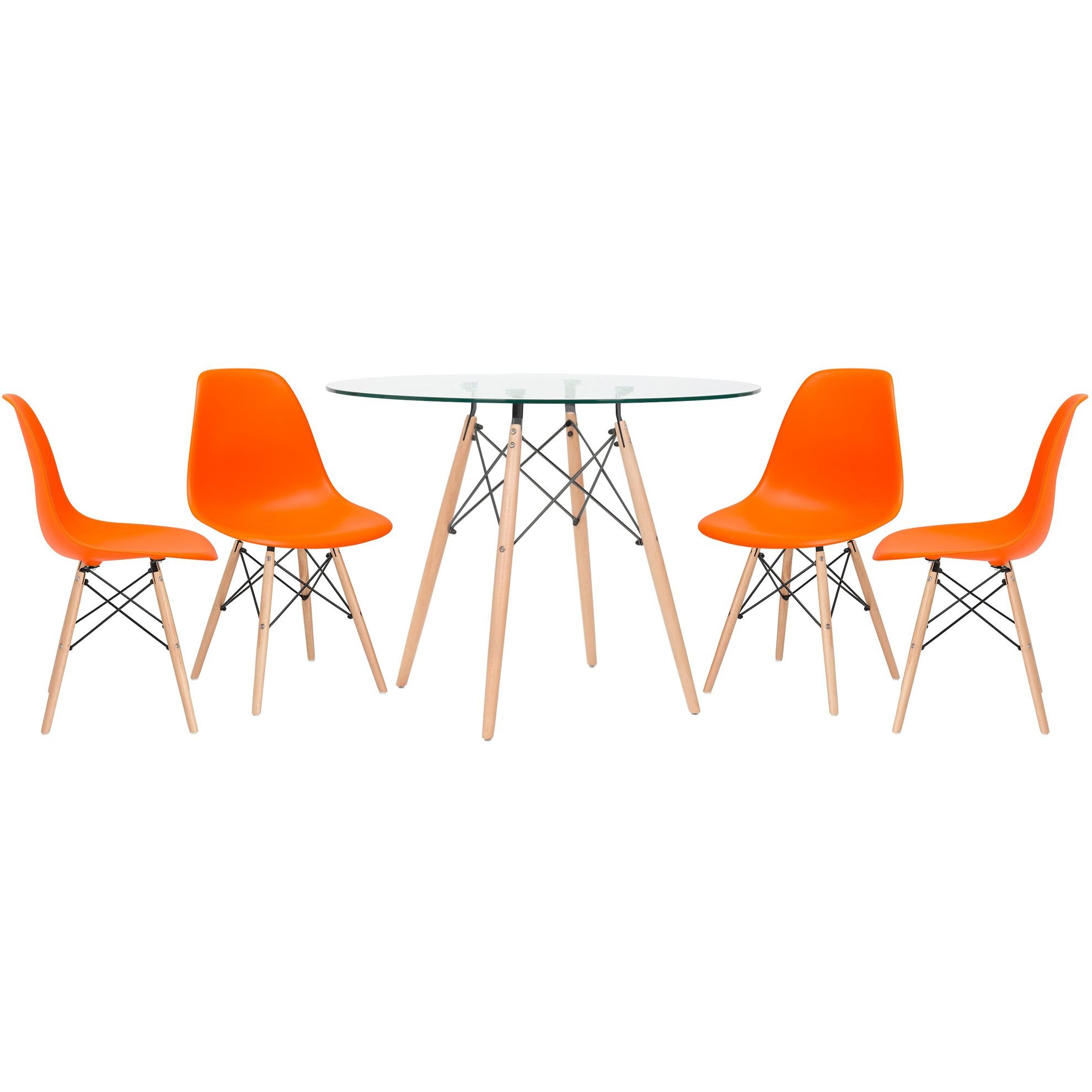 Mesa redonda Eames com tampo de vidro 100 cm + 4 cadeiras Eiffel DSW Laranja