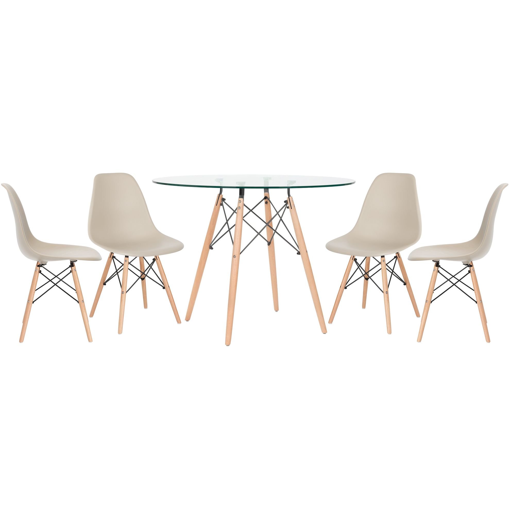 Mesa redonda Eames com tampo de vidro 100 cm + 4 cadeiras Eiffel DSW Nude