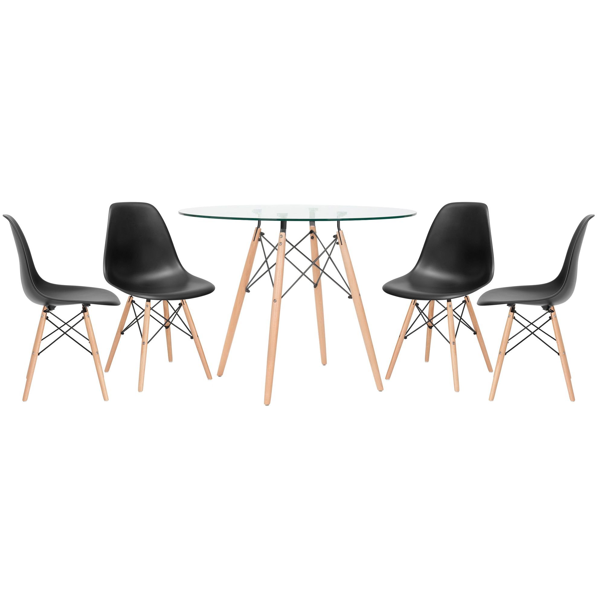 Mesa redonda Eames com tampo de vidro 100 cm + 4 cadeiras Eiffel DSW Preto