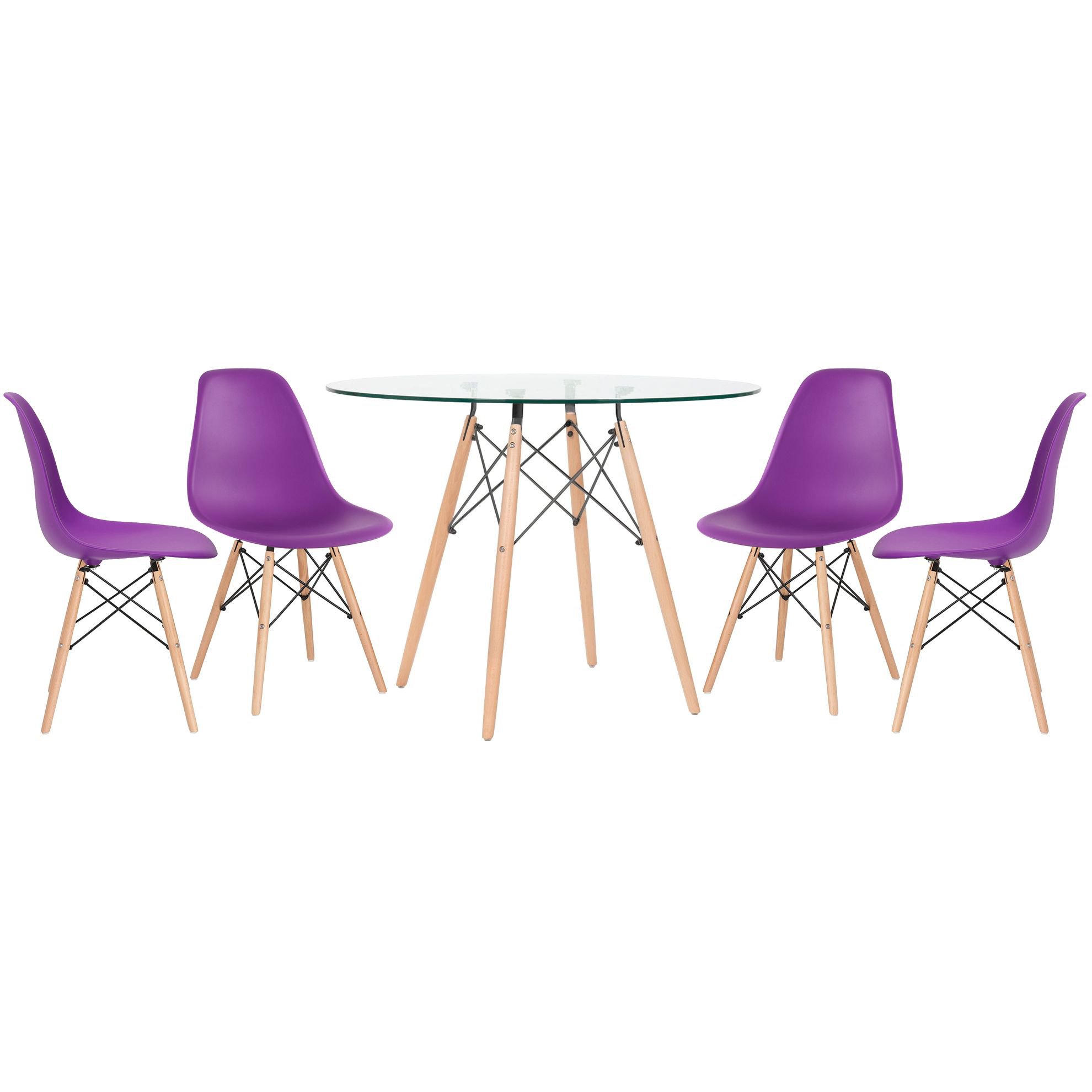 Mesa redonda Eames com tampo de vidro 100 cm + 4 cadeiras Eiffel DSW Roxo