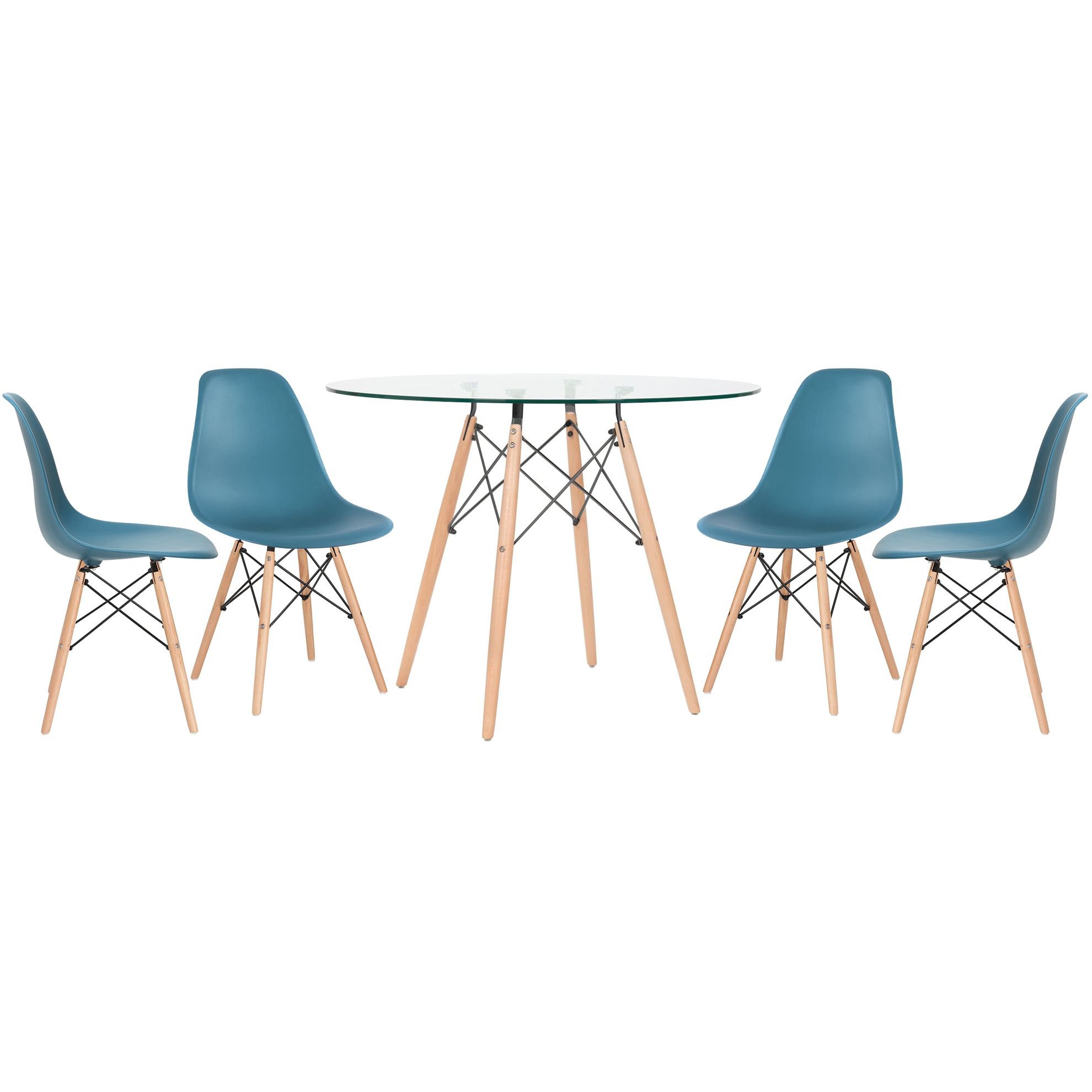 Mesa redonda Eames com tampo de vidro 100 cm + 4 cadeiras Eiffel DSW Turquesa