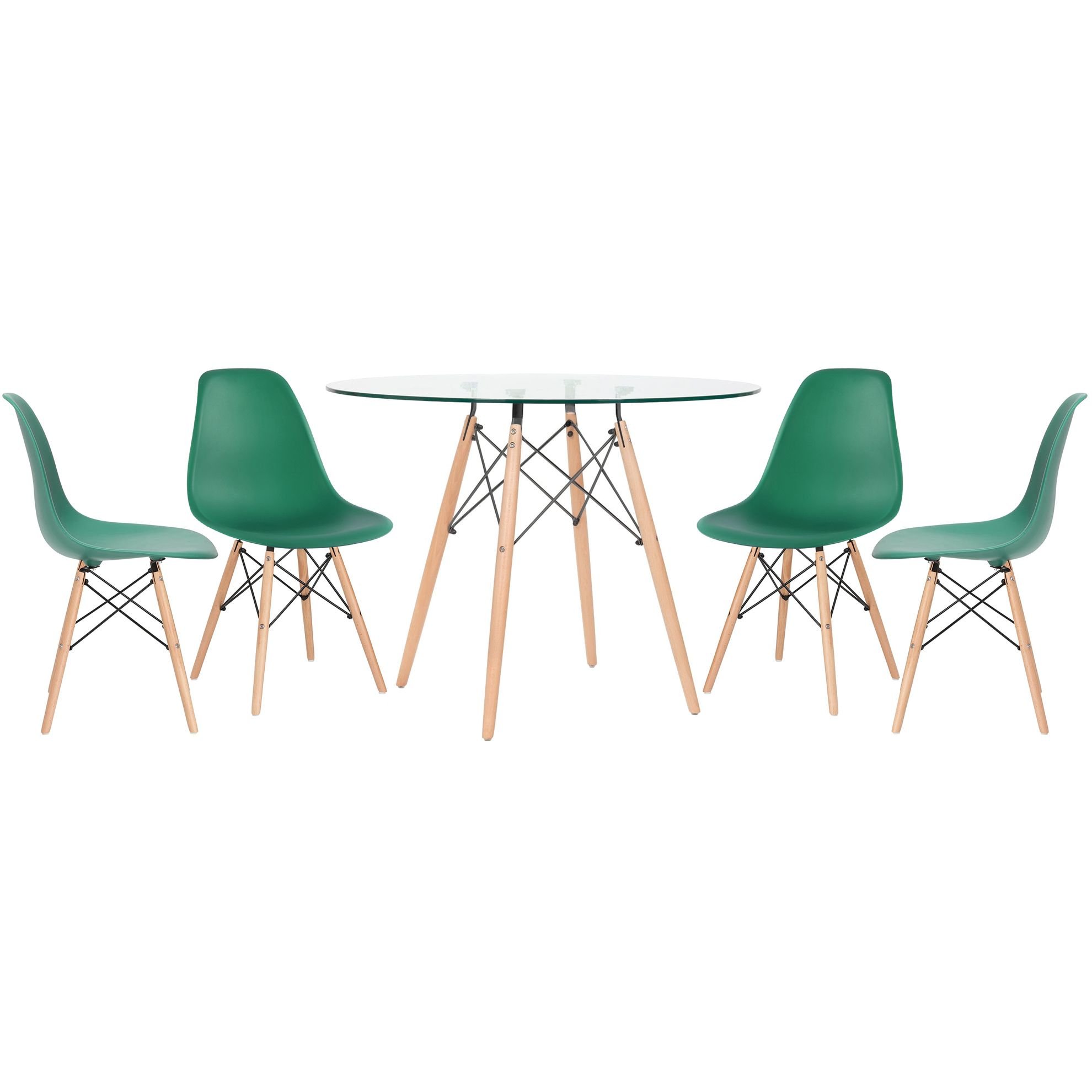 Mesa redonda Eames com tampo de vidro 100 cm + 4 cadeiras Eiffel DSW Verde escuro