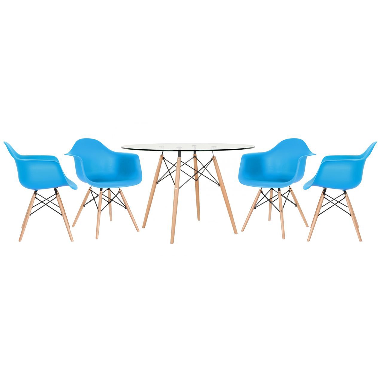 Mesa redonda Eames com tampo de vidro 120 cm + 4 cadeiras Eiffel DAW Azul céu