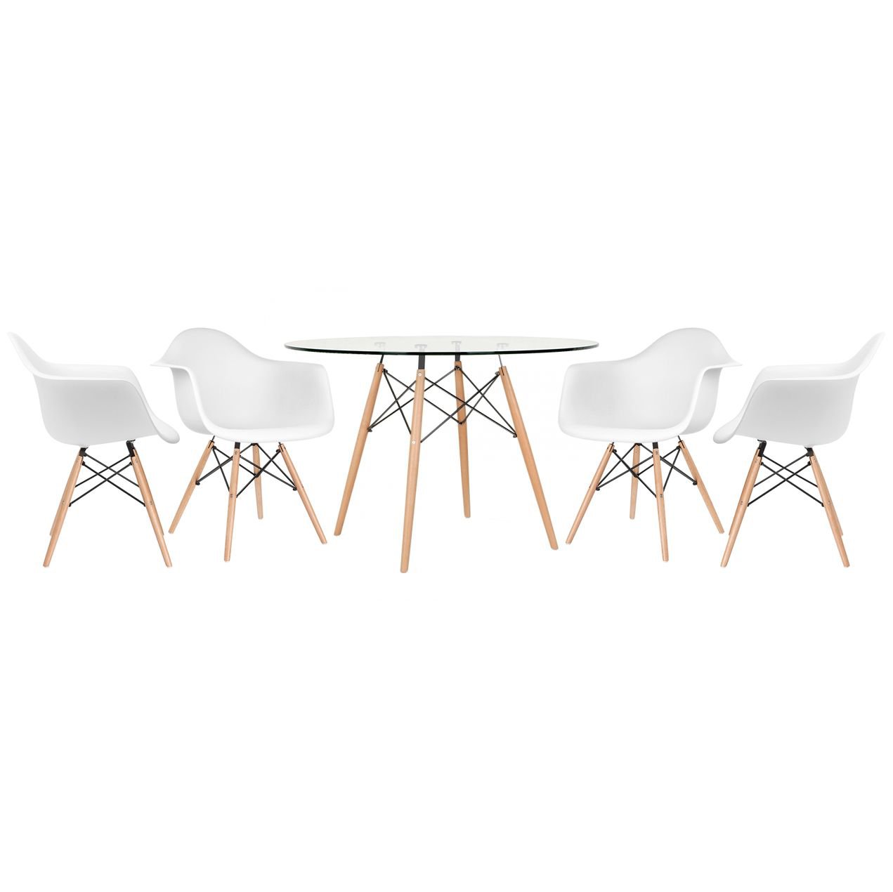 Mesa redonda Eames com tampo de vidro 120 cm + 4 cadeiras Eiffel DAW Branco