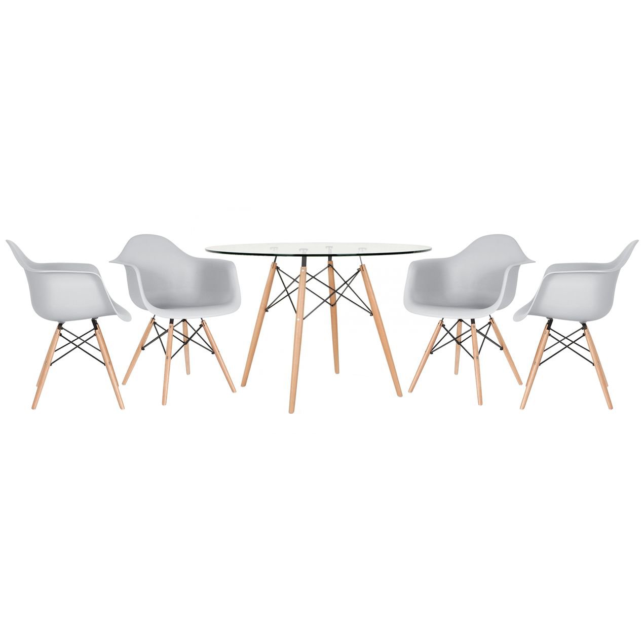 Mesa redonda Eames com tampo de vidro 120 cm + 4 cadeiras Eiffel DAW Cinza claro