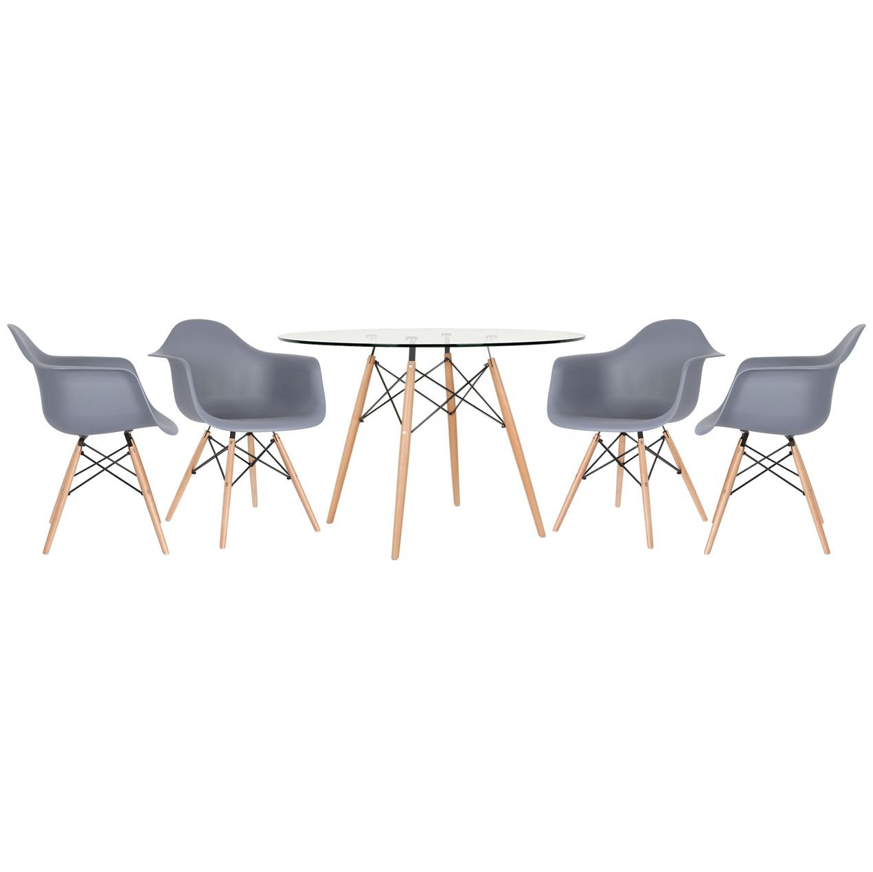 Mesa redonda Eames com tampo de vidro 120 cm + 4 cadeiras Eiffel DAW Cinza escuro