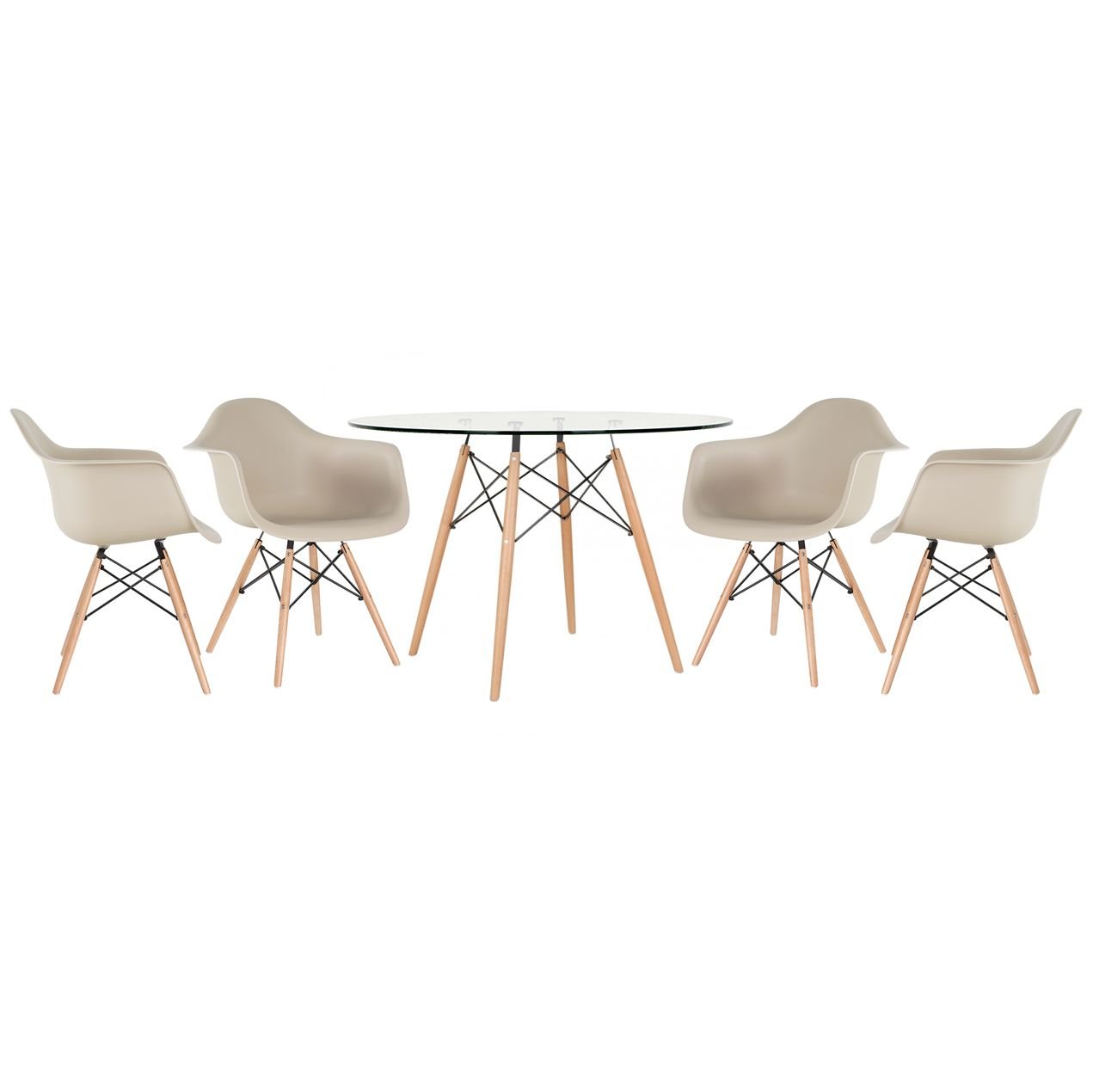 Mesa redonda Eames com tampo de vidro 120 cm + 4 cadeiras Eiffel DAW Nude