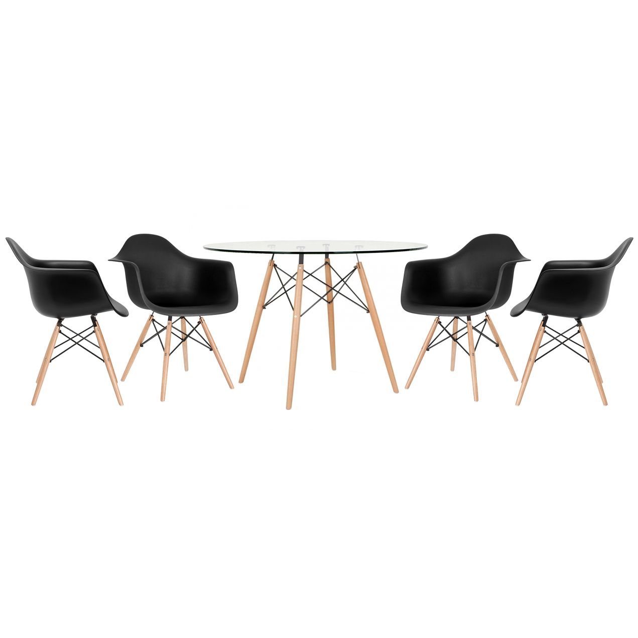 Mesa redonda Eames com tampo de vidro 120 cm + 4 cadeiras Eiffel DAW Preto