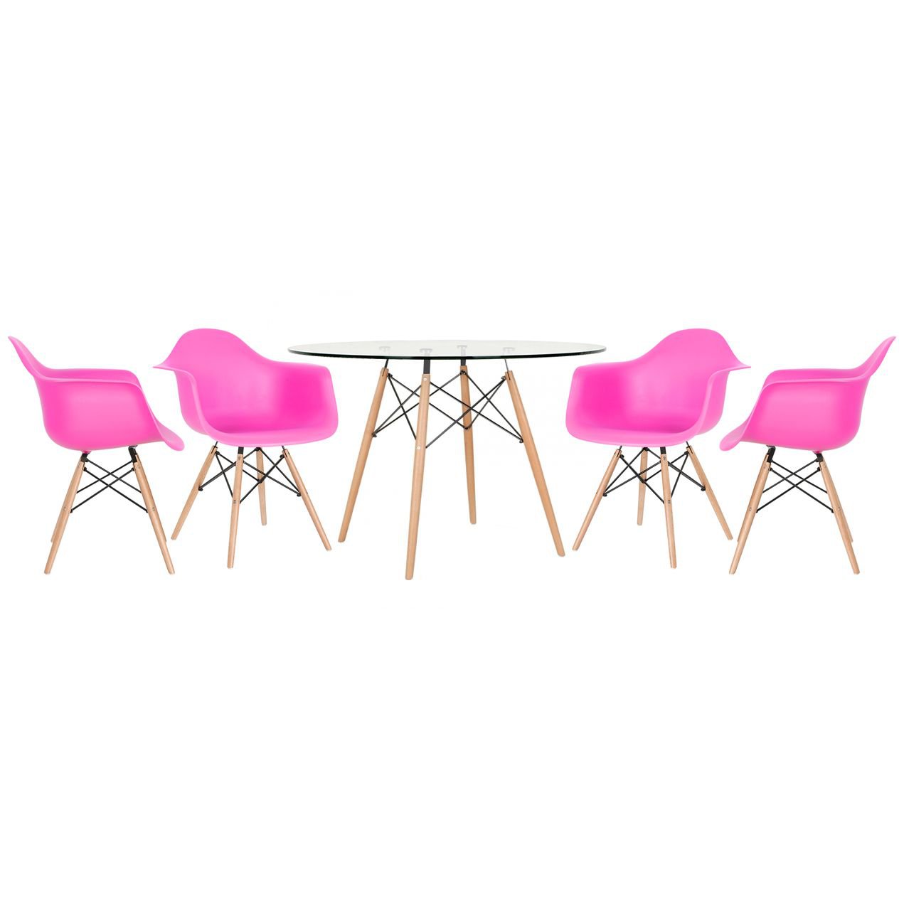 Mesa redonda Eames com tampo de vidro 120 cm + 4 cadeiras Eiffel DAW Rosa pink