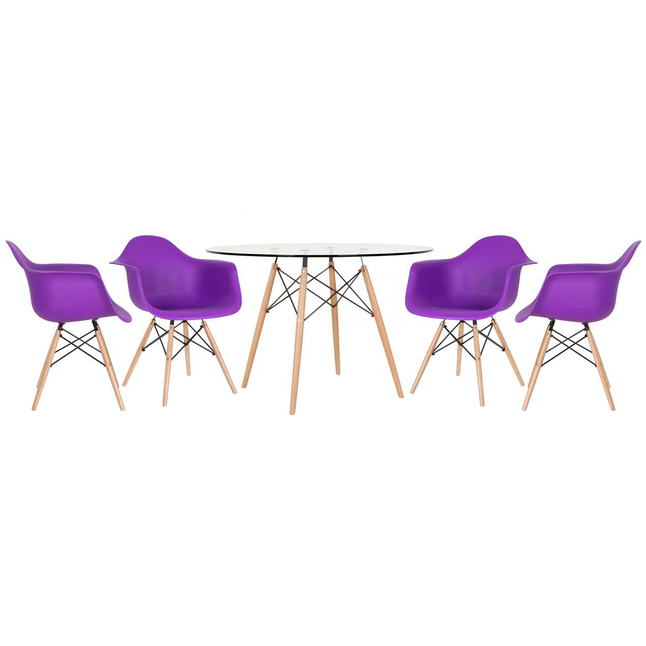 Mesa redonda Eames com tampo de vidro 120 cm + 4 cadeiras Eiffel DAW Roxo