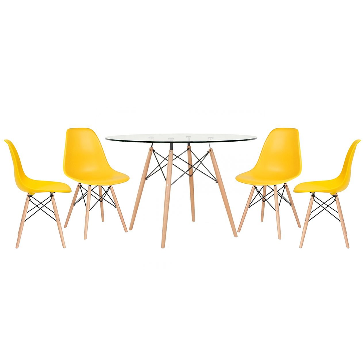 Mesa redonda Eames com tampo de vidro 120 cm + 4 cadeiras Eiffel DSW Amarelo