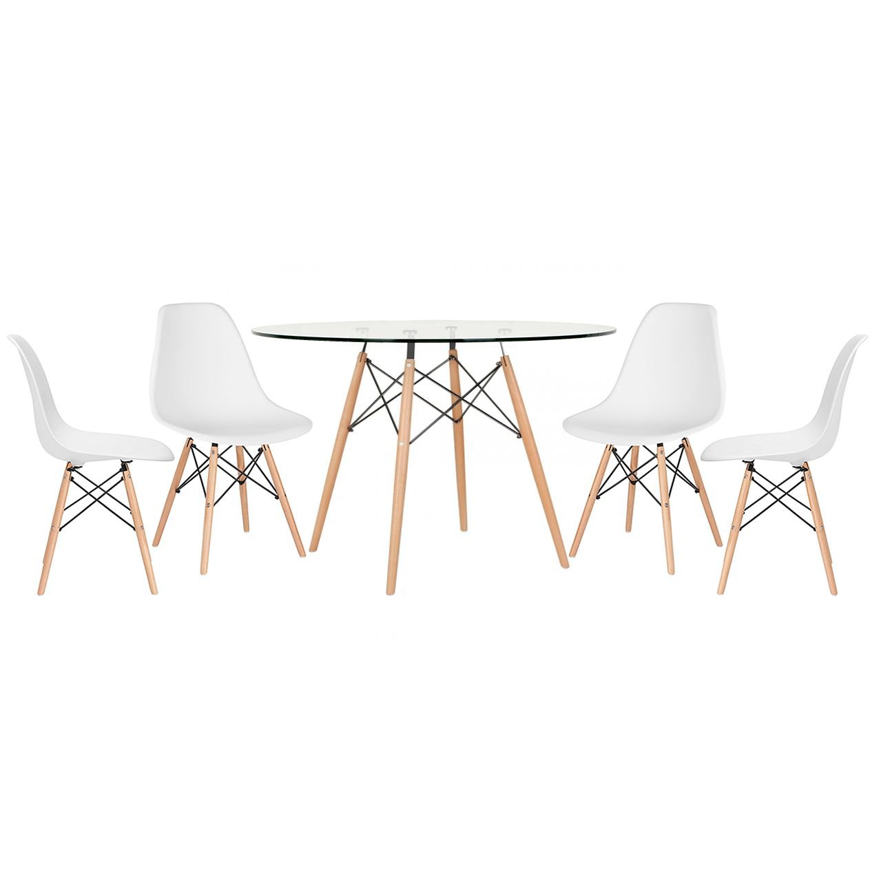 Mesa redonda Eames com tampo de vidro 120 cm + 4 cadeiras Eiffel DSW Branco