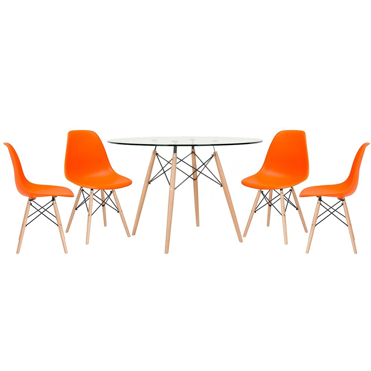 Mesa redonda Eames com tampo de vidro 120 cm + 4 cadeiras Eiffel DSW Laranja