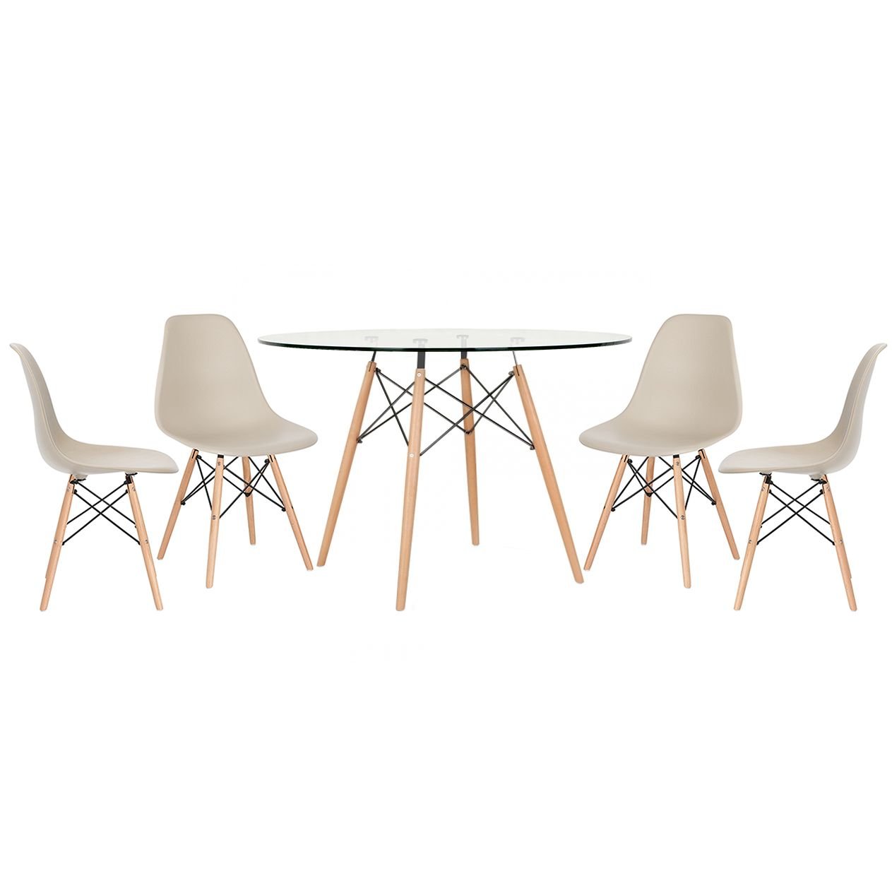 Mesa redonda Eames com tampo de vidro 120 cm + 4 cadeiras Eiffel DSW Nude