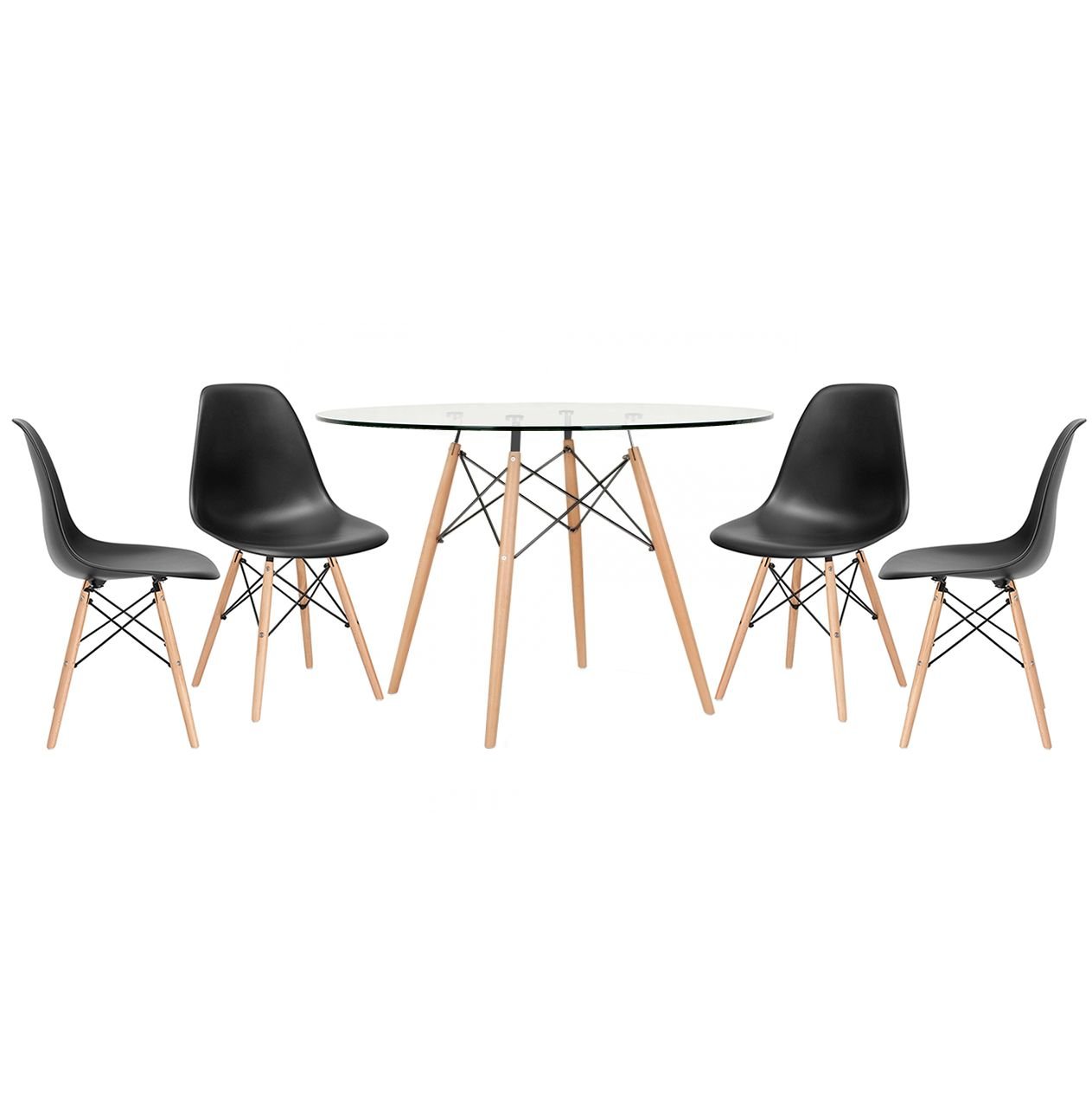 Mesa redonda Eames com tampo de vidro 120 cm + 4 cadeiras Eiffel DSW Preto