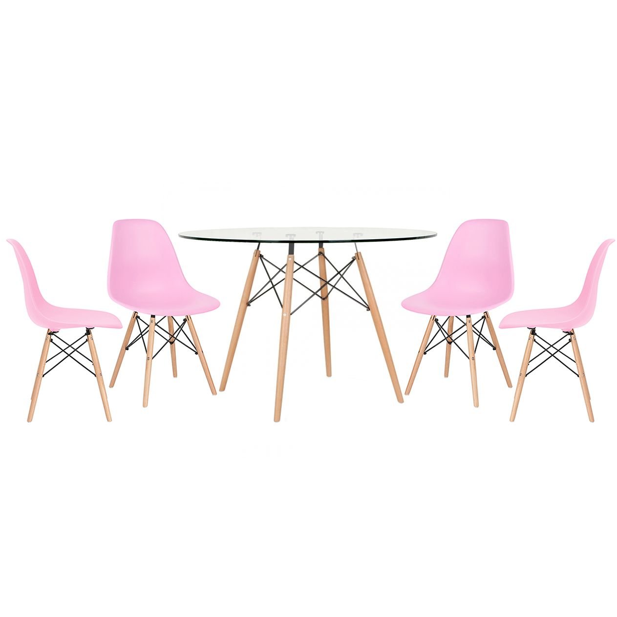 Mesa redonda Eames com tampo de vidro 120 cm + 4 cadeiras Eiffel DSW Rosa claro