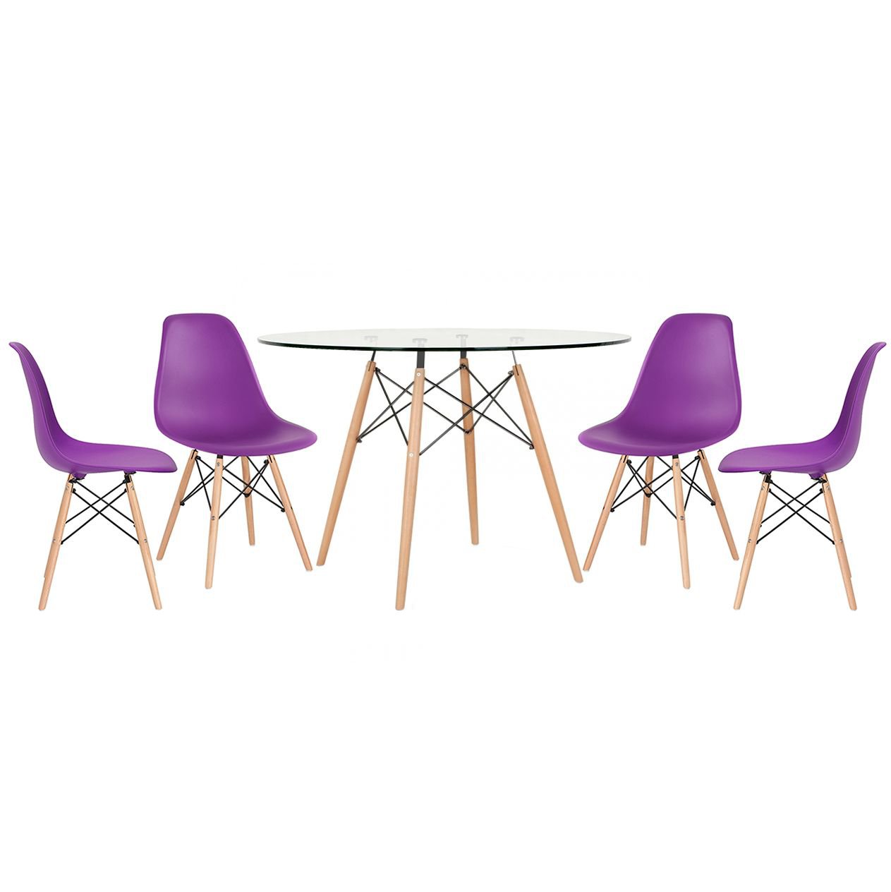 Mesa redonda Eames com tampo de vidro 120 cm + 4 cadeiras Eiffel DSW Roxo