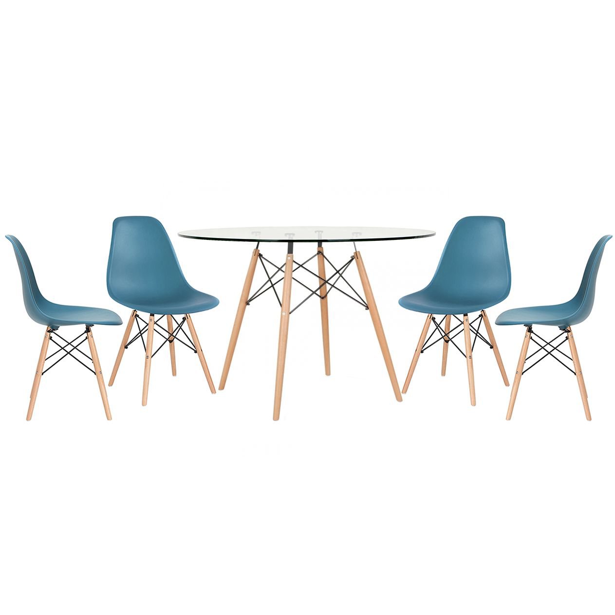 Mesa redonda Eames com tampo de vidro 120 cm + 4 cadeiras Eiffel DSW Turquesa