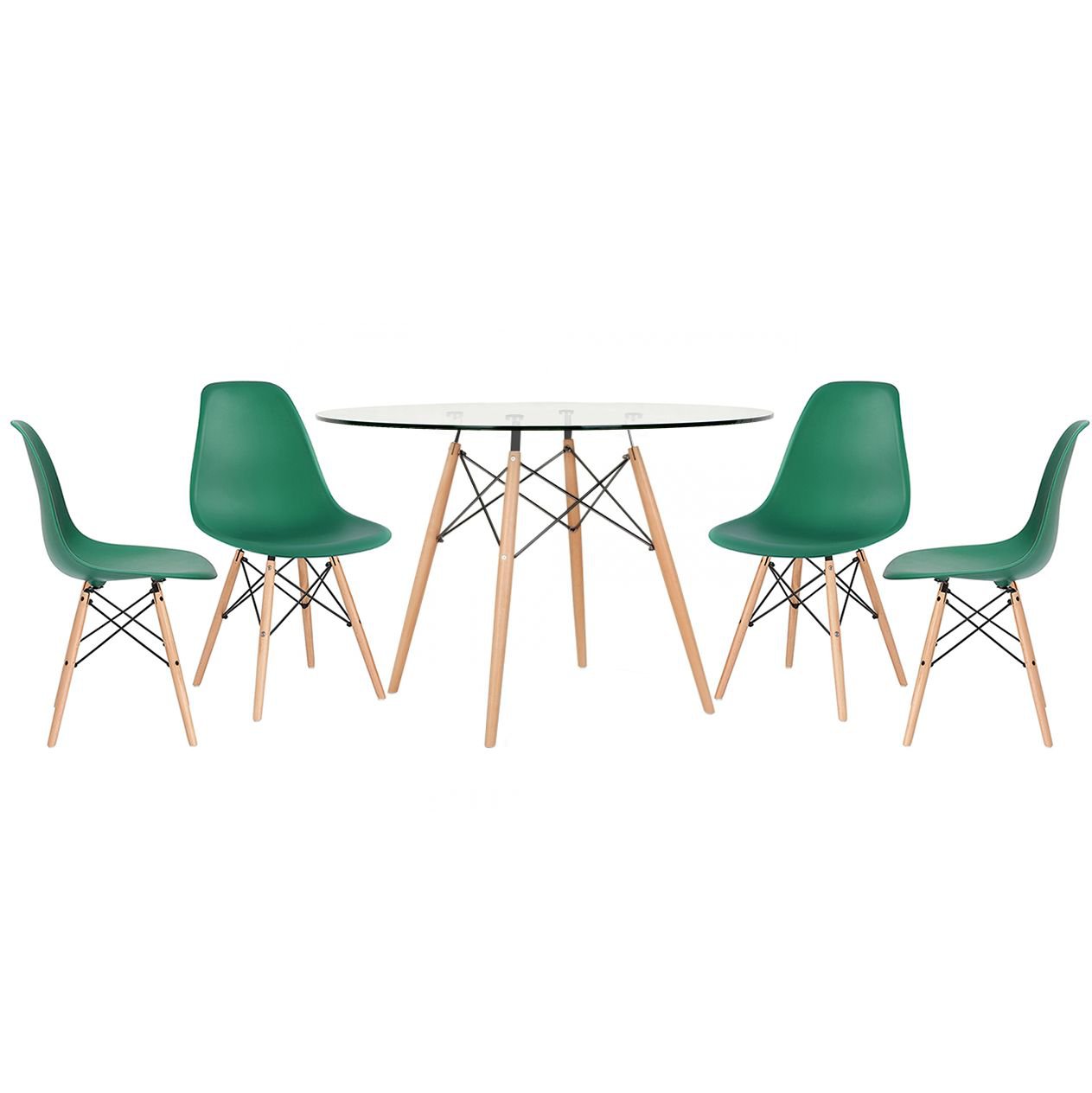 Mesa redonda Eames com tampo de vidro 120 cm + 4 cadeiras Eiffel DSW Verde Escuro