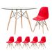 Mesa redonda Eames com tampo de vidro 120 cm + 5 cadeiras Eiffel DSW Vermelho