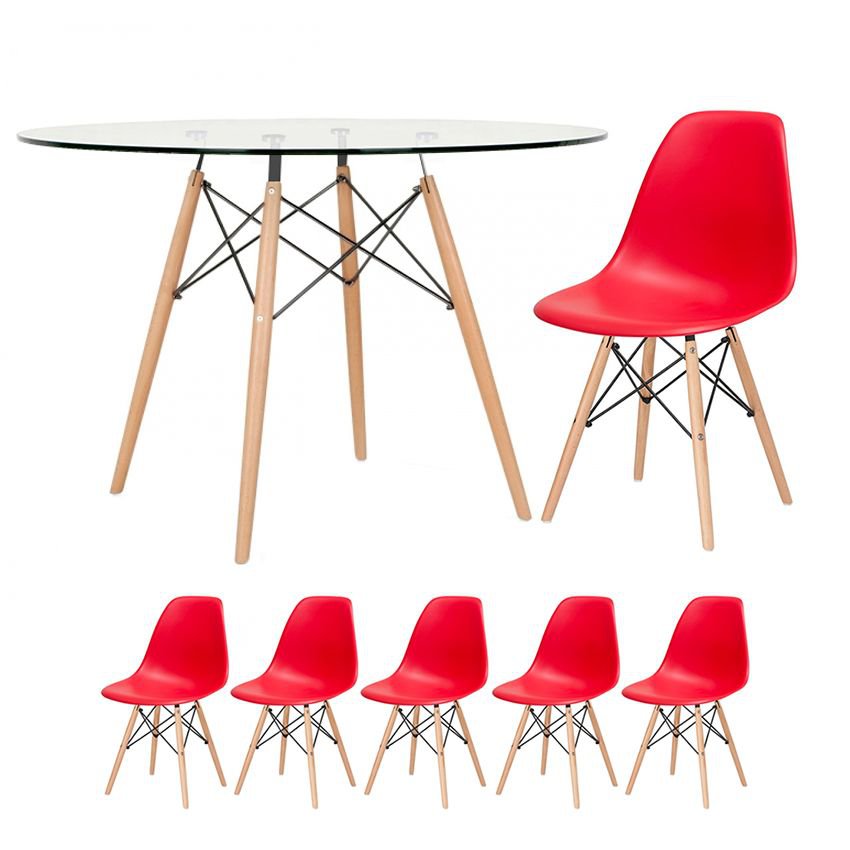 Mesa redonda Eames com tampo de vidro 120 cm + 5 cadeiras Eiffel DSW Vermelho