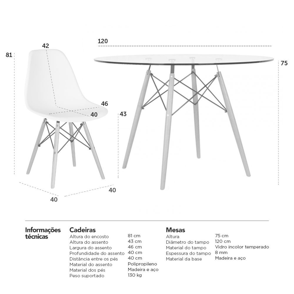 Mesa redonda Eames com tampo de vidro 120 cm + 5 cadeiras Eiffel DSW Vermelho