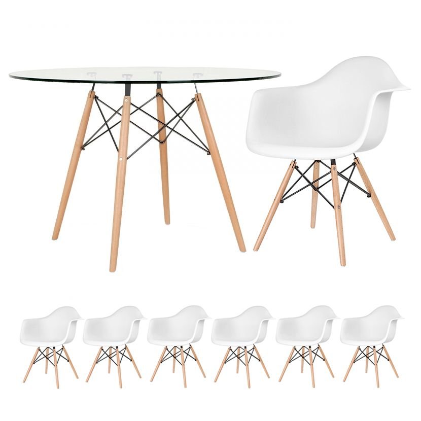 Mesa redonda Eames com tampo de vidro 120 cm + 6 cadeiras Eiffel DAW Branco