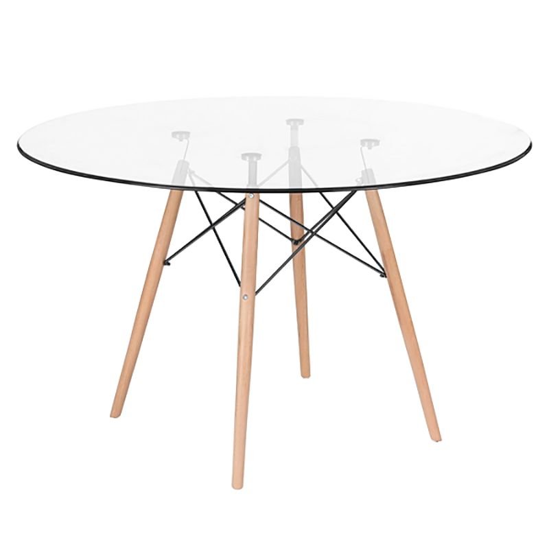 Mesa redonda Eames com tampo de vidro 120 cm + 6 cadeiras Eiffel DAW Branco