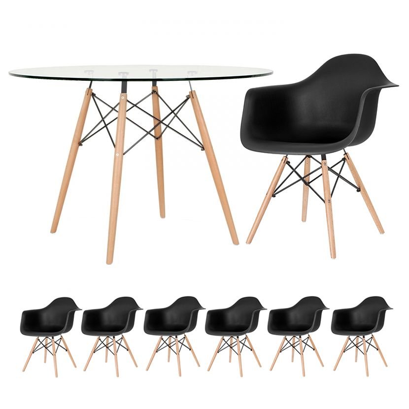 Mesa redonda Eames com tampo de vidro 120 cm + 6 cadeiras Eiffel DAW Preto