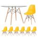 Mesa redonda Eames com tampo de vidro 120 cm + 6 cadeiras Eiffel DSW Amarelo