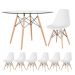 Mesa redonda Eames com tampo de vidro 120 cm + 6 cadeiras Eiffel DSW Branco
