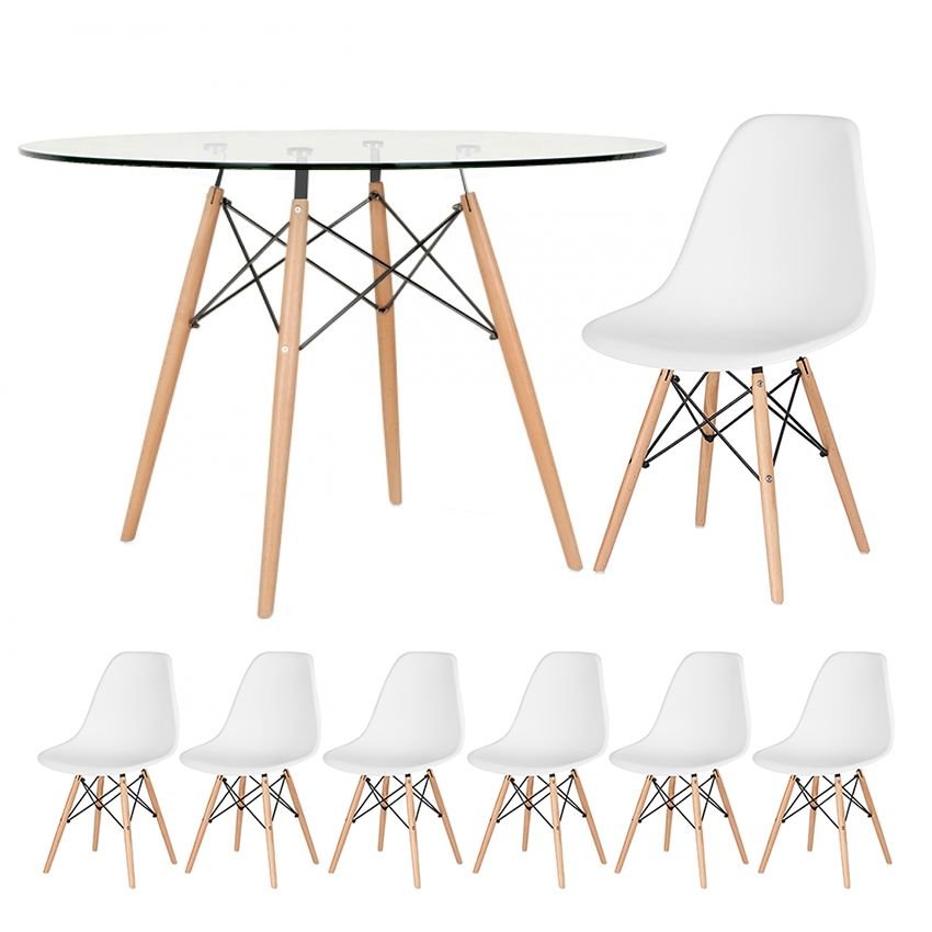 Mesa redonda Eames com tampo de vidro 120 cm + 6 cadeiras Eiffel DSW Branco