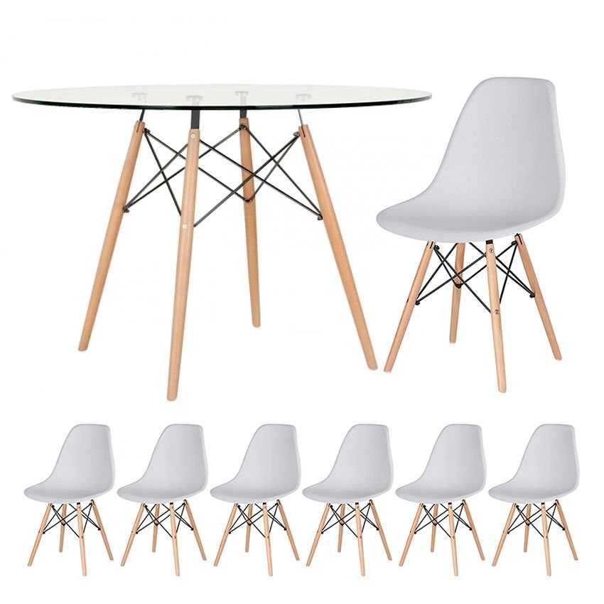 Mesa redonda Eames com tampo de vidro 120 cm + 6 cadeiras Eiffel DSW Cinza claro