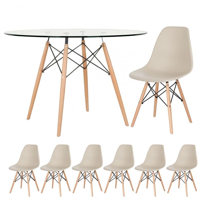 Mesa redonda Eames com tampo de vidro 120 cm + 6 cadeiras Eiffel DSW Nude