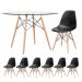 Mesa redonda Eames com tampo de vidro 120 cm + 6 cadeiras Eiffel DSW Preto