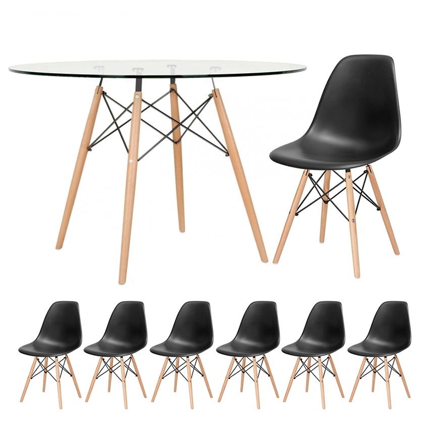Mesa redonda Eames com tampo de vidro 120 cm + 6 cadeiras Eiffel DSW Preto