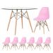 Mesa redonda Eames com tampo de vidro 120 cm + 6 cadeiras Eiffel DSW Rosa claro