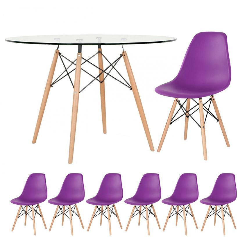 Mesa redonda Eames com tampo de vidro 120 cm + 6 cadeiras Eiffel DSW Roxo