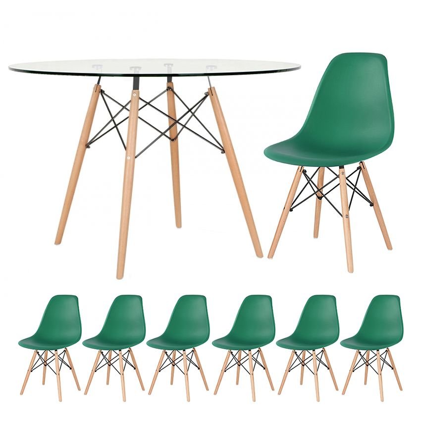 Mesa redonda Eames com tampo de vidro 120 cm + 6 cadeiras Eiffel DSW Verde escuro