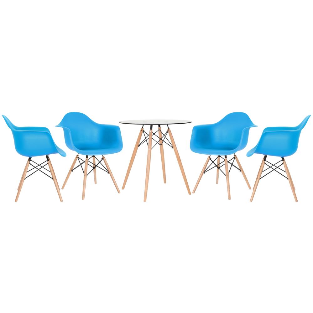 Mesa redonda Eames com tampo de vidro 70 cm + 4 cadeiras Eiffel DAW Azul céu