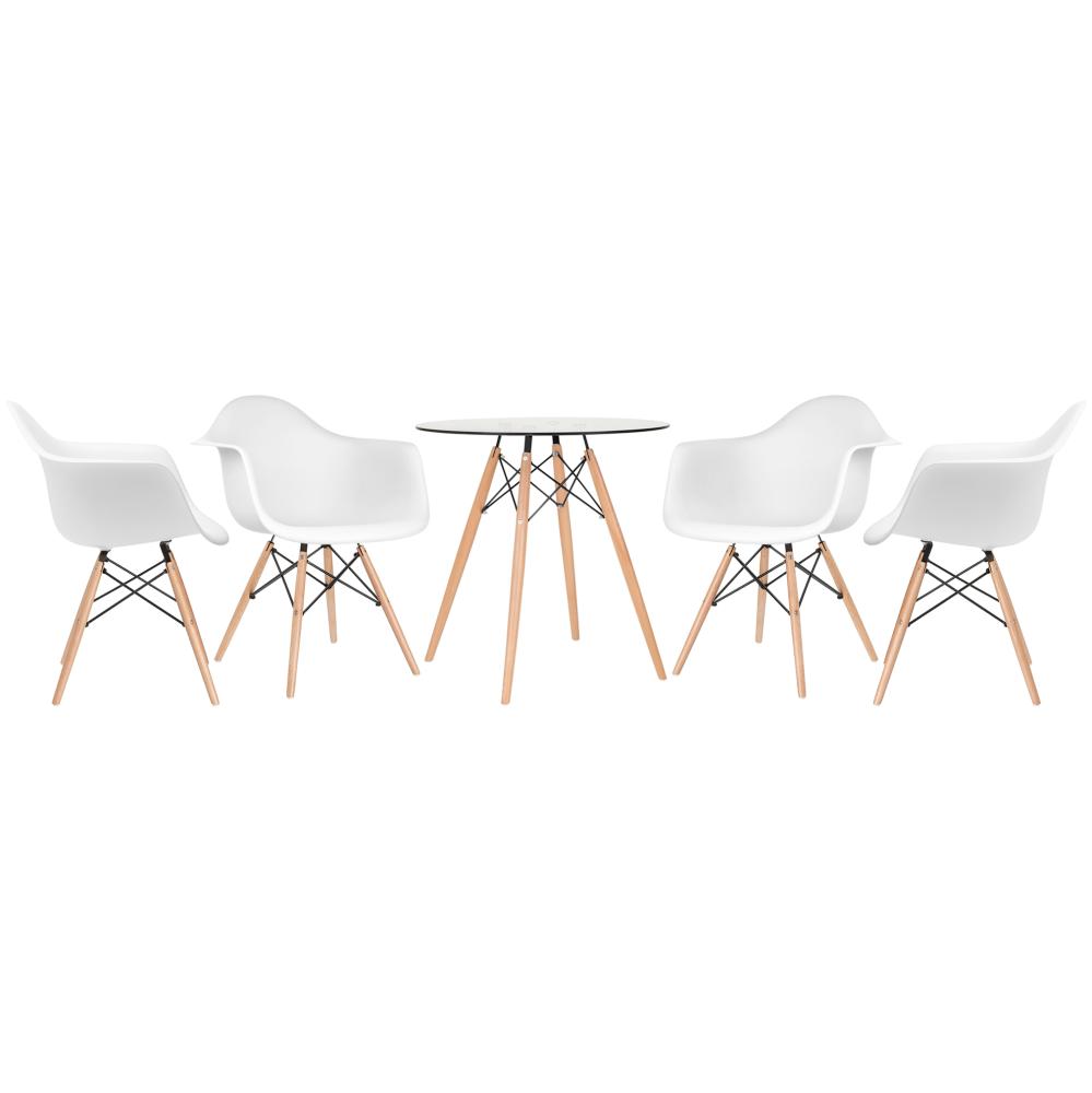 Mesa redonda Eames com tampo de vidro 70 cm + 4 cadeiras Eiffel DAW Branco